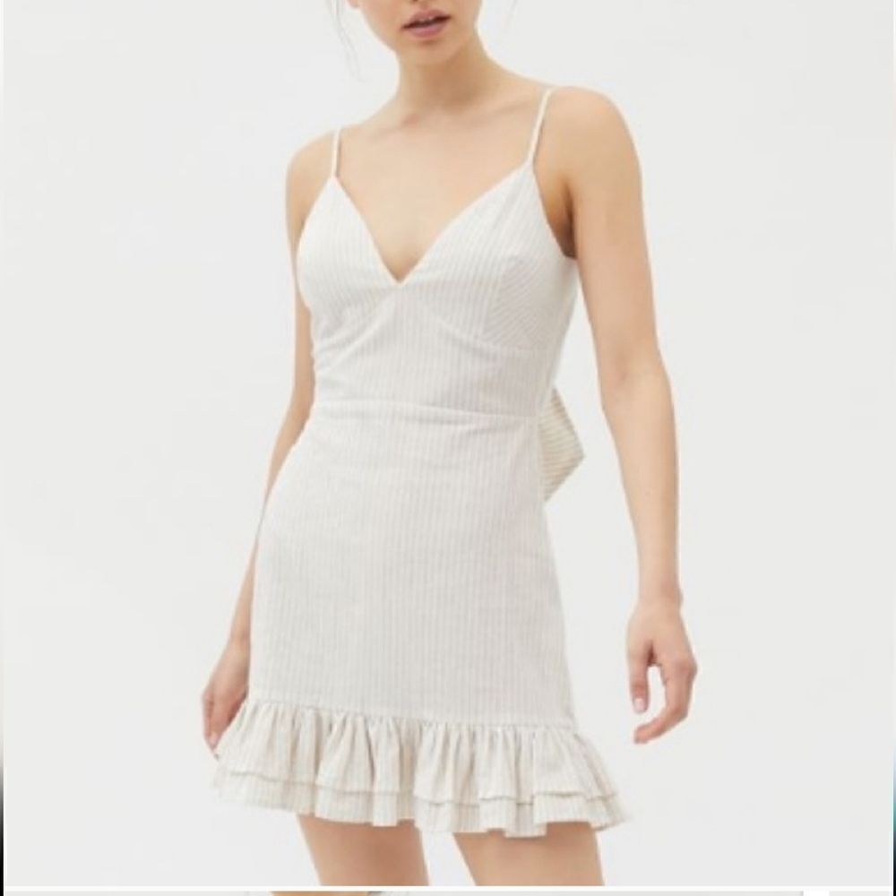 Minkpink beige and white stripe tie mini dress